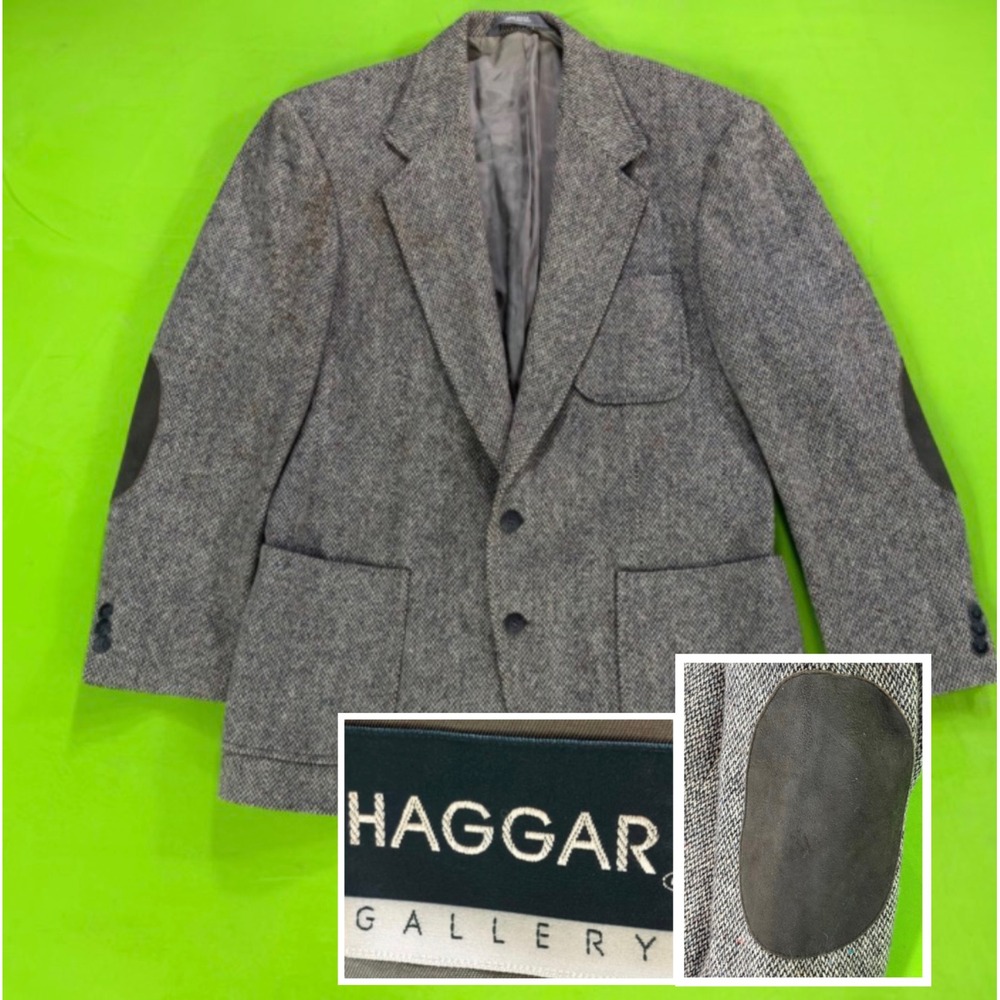 VTG 80s Haggar Mens 42R Gray Herringbone Wool Tweed Blazer Elbow Patches US Made